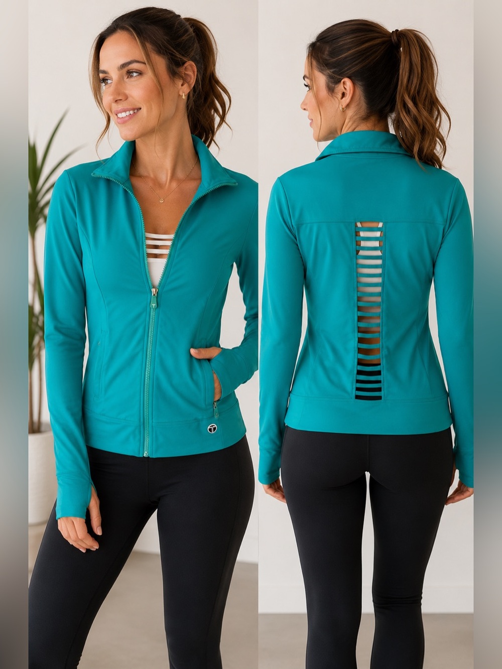 Trina Turk Teal Zip-Front Active Jacket with Back Slit Detail Size S Athleisure